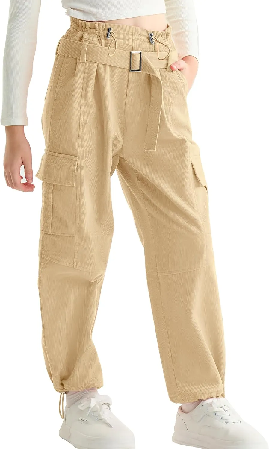 Rolanko Girls Corduroy Cargo Pants Wide Leg Cargo Trousers Streetwear Kids Pants Joggers with Pockets 4-15 Y