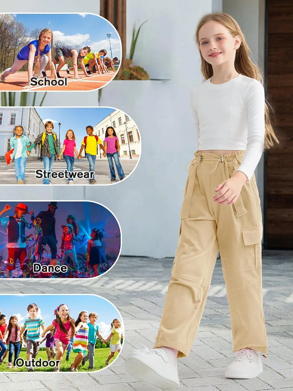 Rolanko Girls Corduroy Cargo Pants Wide Leg Cargo Trousers Streetwear Kids Pants Joggers with Pockets 4-15 Y