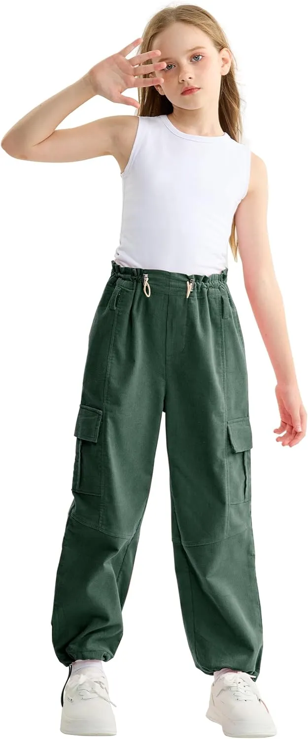 Rolanko Girls Corduroy Cargo Pants Wide Leg Cargo Trousers Streetwear Kids Pants Joggers with Pockets 4-15 Y