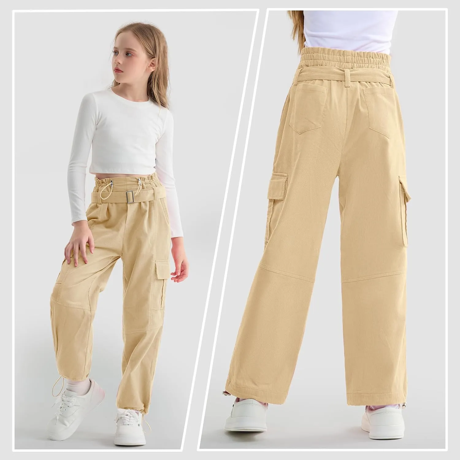 Rolanko Girls Corduroy Cargo Pants Wide Leg Cargo Trousers Streetwear Kids Pants Joggers with Pockets 4-15 Y