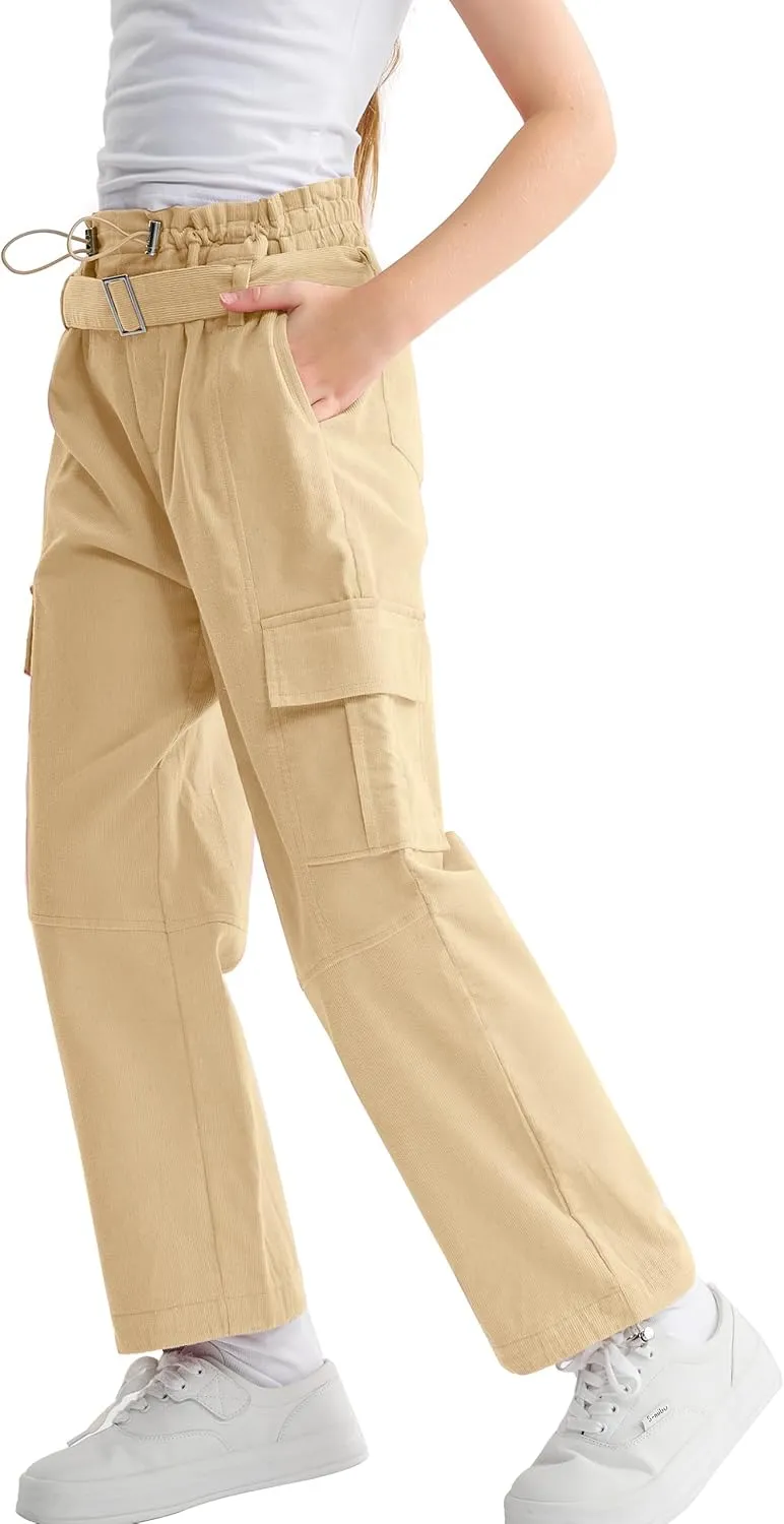 Rolanko Girls Corduroy Cargo Pants Wide Leg Cargo Trousers Streetwear Kids Pants Joggers with Pockets 4-15 Y