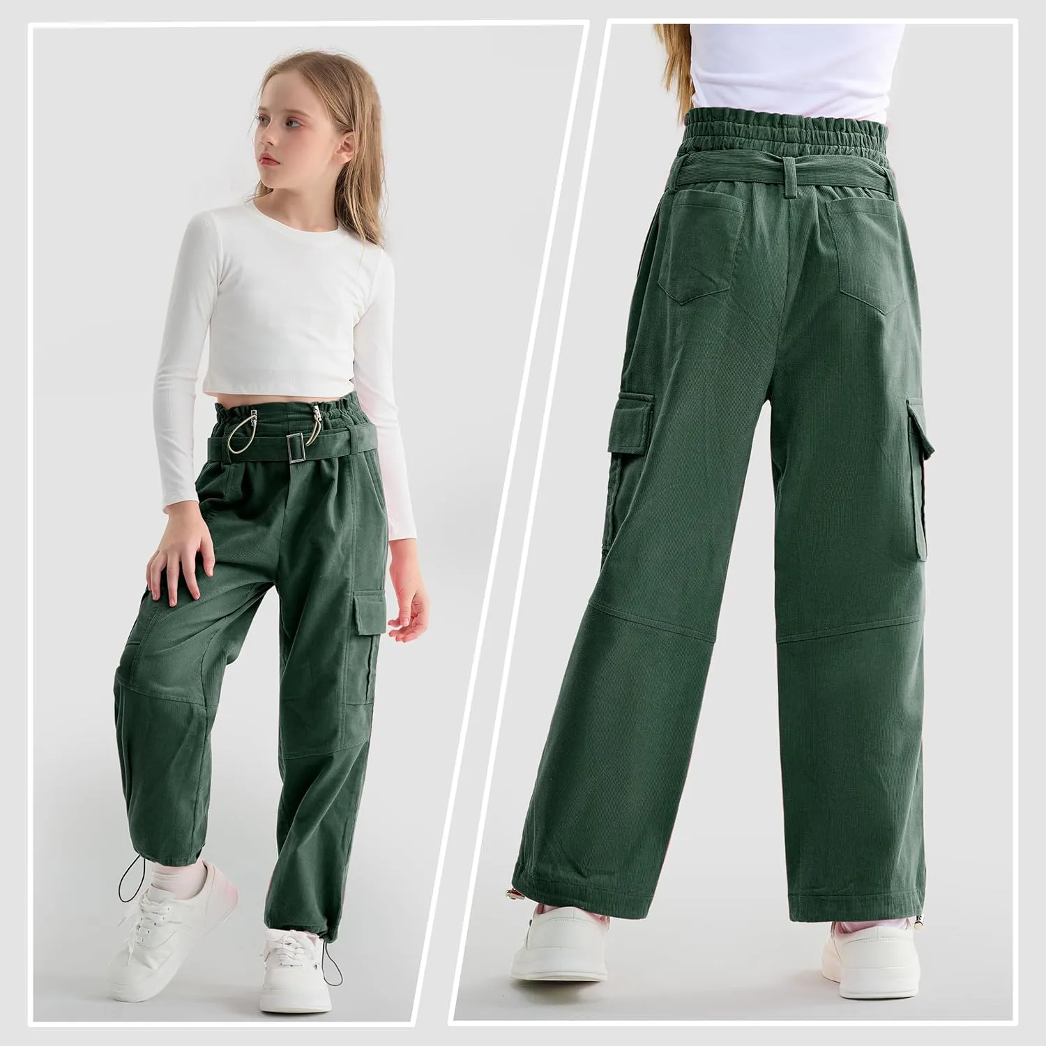 Rolanko Girls Corduroy Cargo Pants Wide Leg Cargo Trousers Streetwear Kids Pants Joggers with Pockets 4-15 Y
