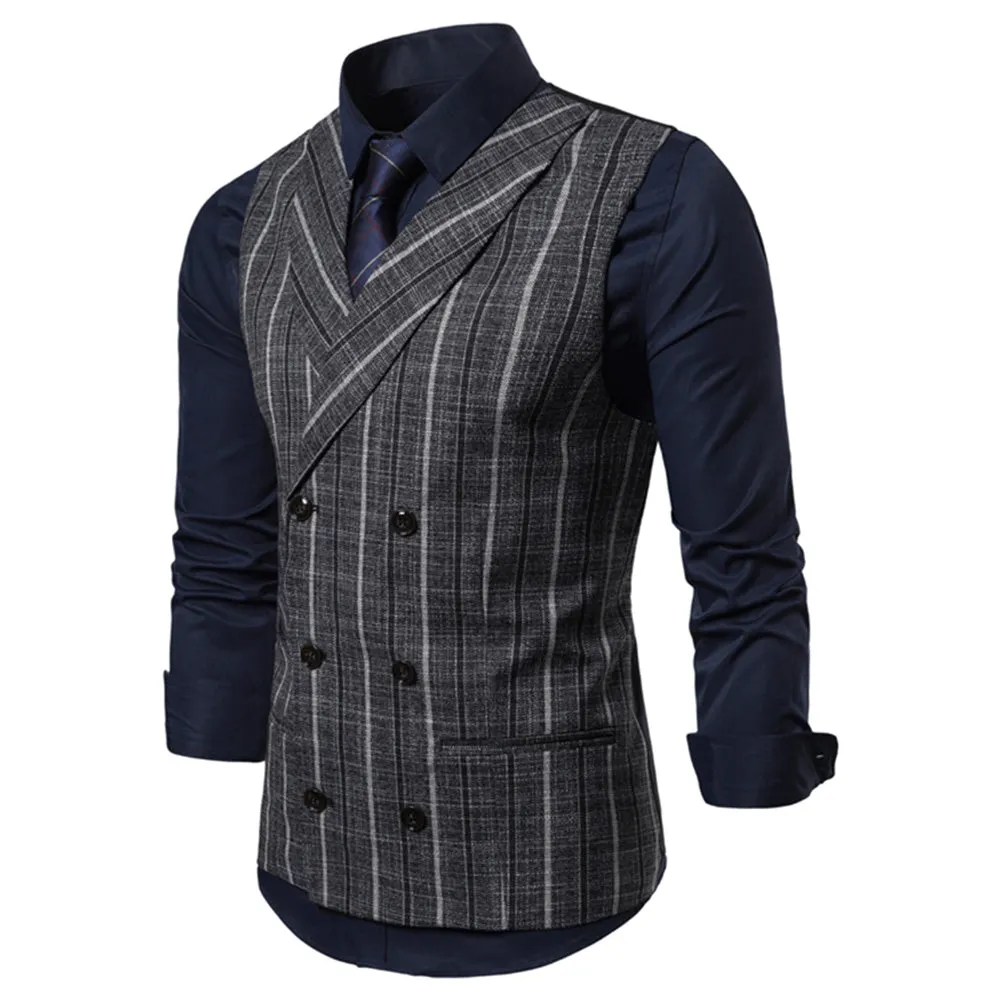 Slim Fit Stripe Vest Double Breasted Black