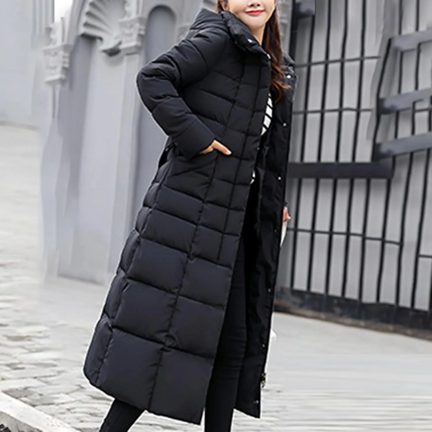 SMIDOW Womens Fashion Hooded Coat 2023 Quilted Long Puffer Jackets Waterproof Warm Winter Maxi Length Parka Coats
