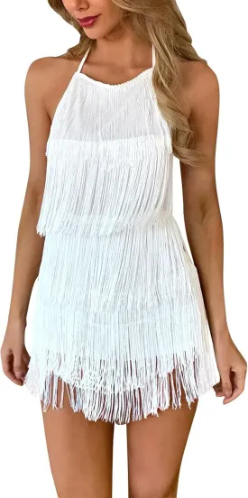 Women Halter Tassel Fringe Romper Layered Sexy Backless Fringe Dress Latin Dace Jumpsuits Disco Cowgirl Music Festival Outfit