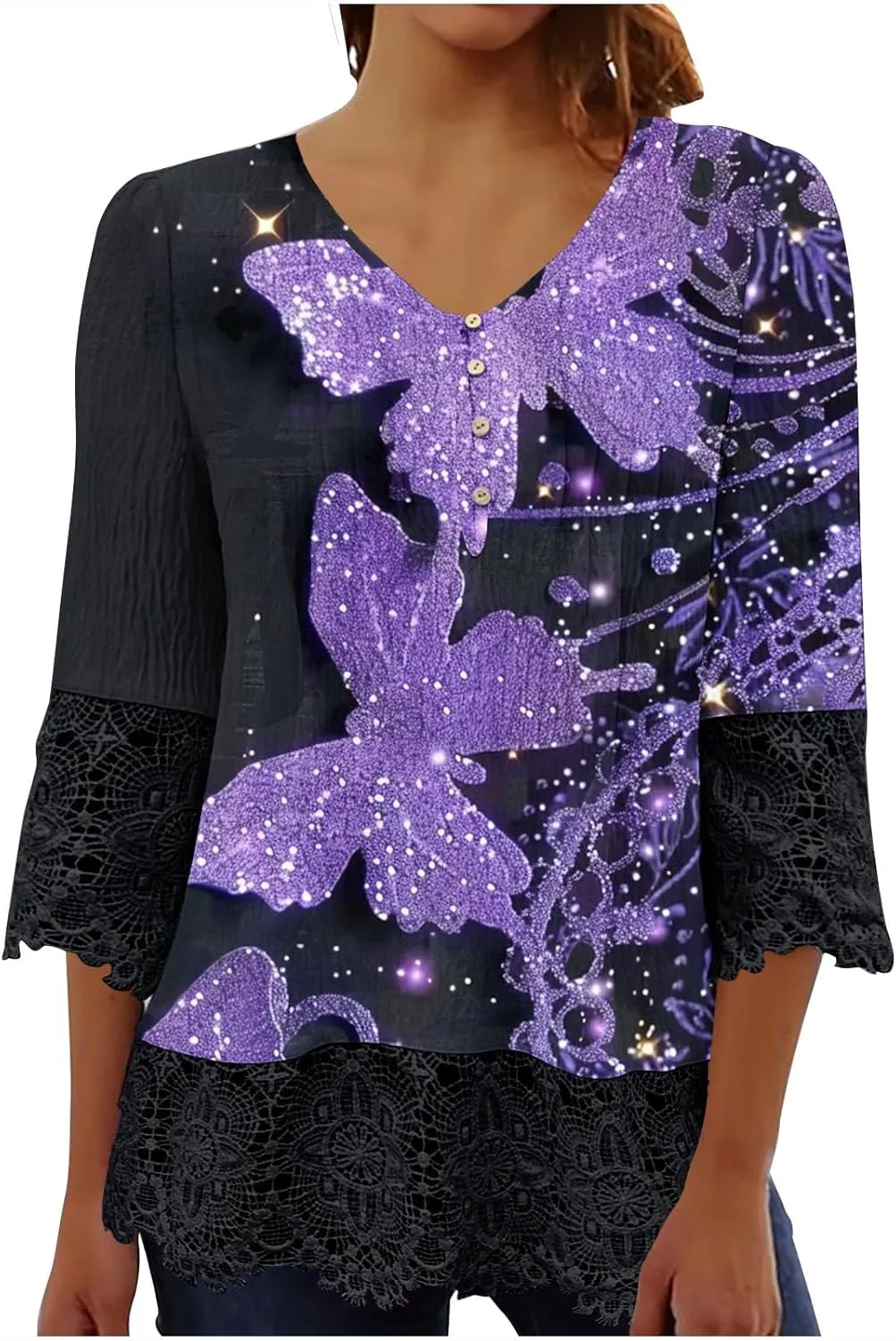 Womens 3/4 Sleeve Blouses Dressy Casual V-Neck Lace Crochet Tunics Shirts Loose Fit Button Ruffled Front Tops