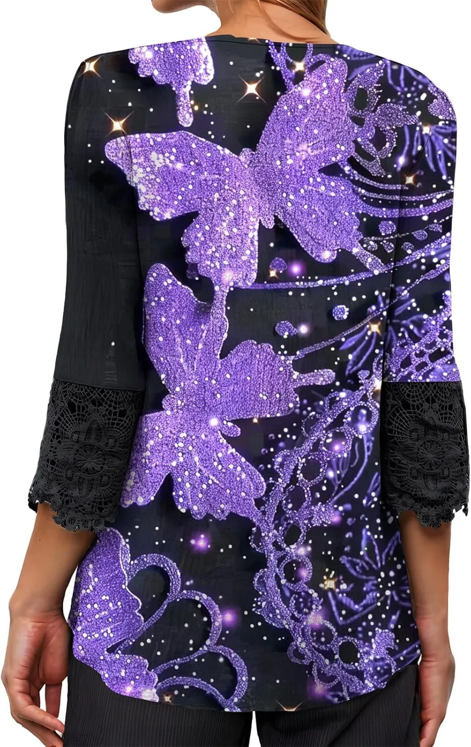 Womens 3/4 Sleeve Blouses Dressy Casual V-Neck Lace Crochet Tunics Shirts Loose Fit Button Ruffled Front Tops