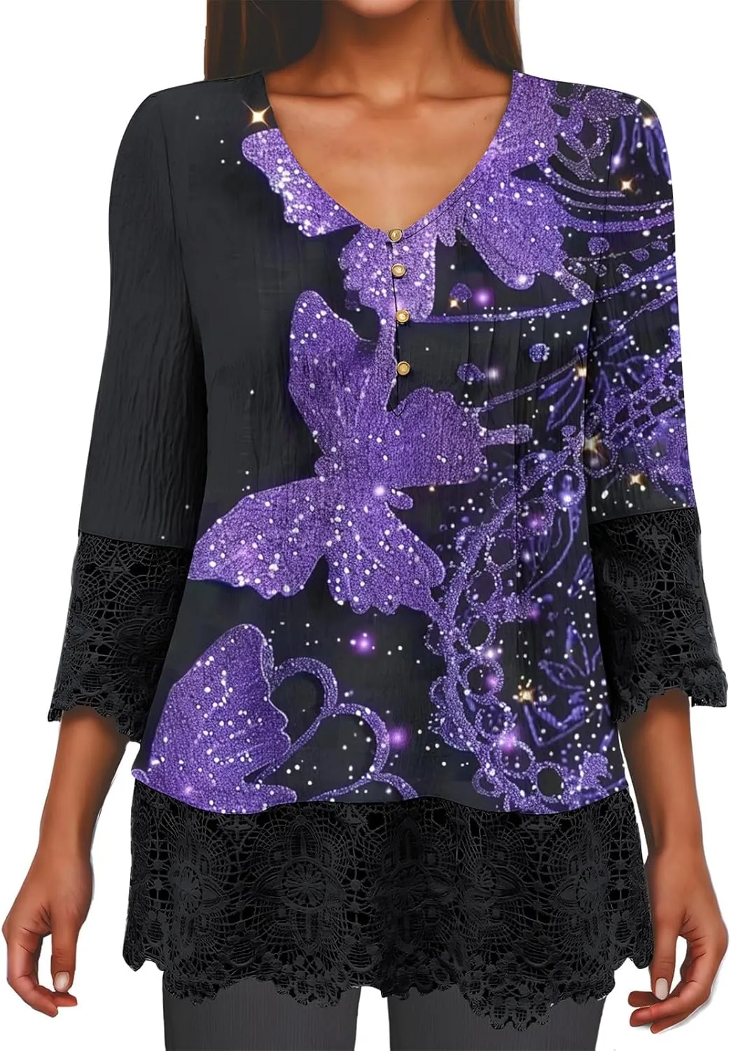 Womens 3/4 Sleeve Blouses Dressy Casual V-Neck Lace Crochet Tunics Shirts Loose Fit Button Ruffled Front Tops