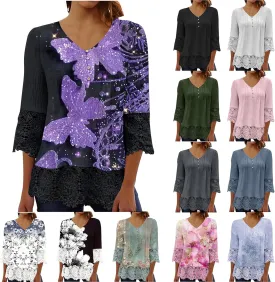 Womens 3/4 Sleeve Blouses Dressy Casual V-Neck Lace Crochet Tunics Shirts Loose Fit Button Ruffled Front Tops