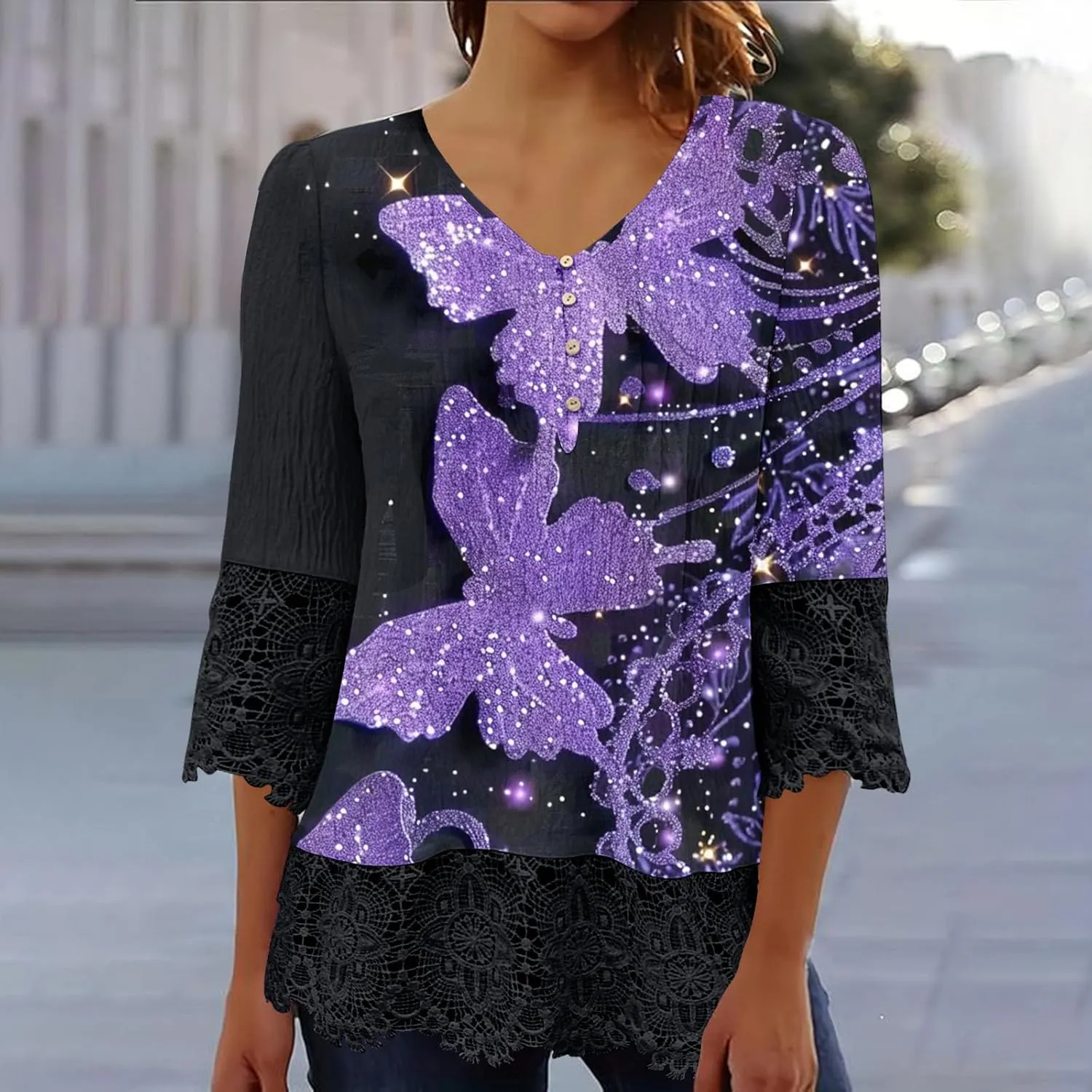 Womens 3/4 Sleeve Blouses Dressy Casual V-Neck Lace Crochet Tunics Shirts Loose Fit Button Ruffled Front Tops