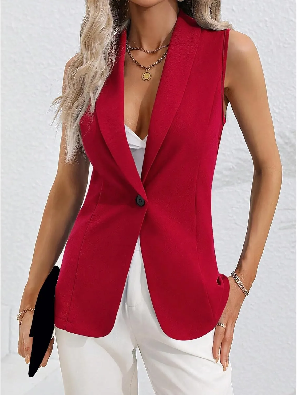 Womens Blazers for Work Casual Lapel One Button Sleeveless Jackets Business Loose Open Front Work Office Suit Vests