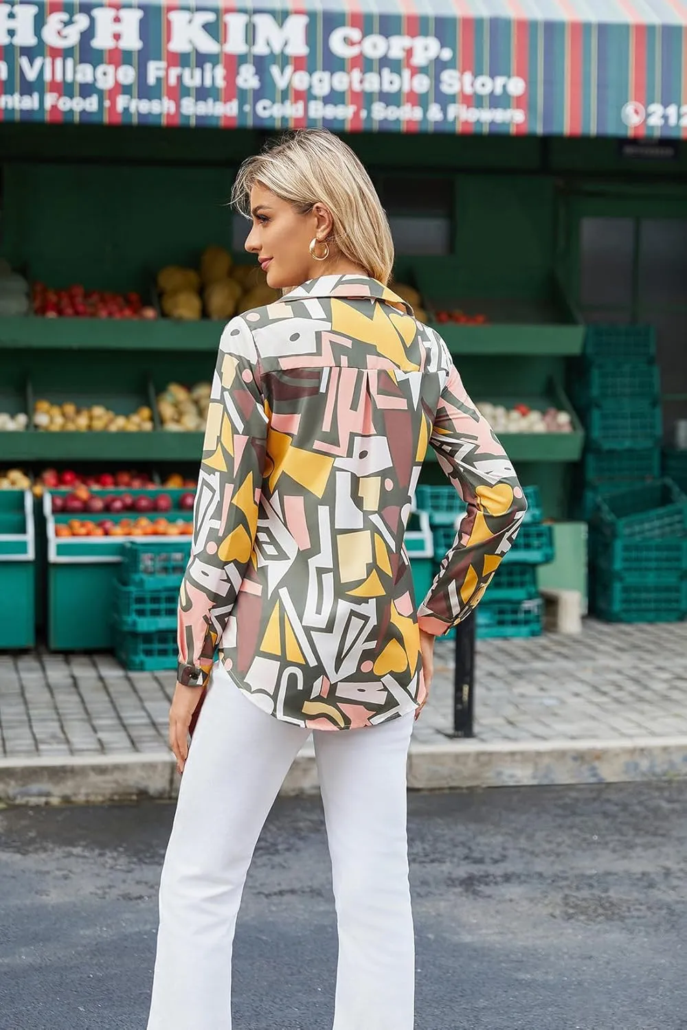 Women's Business Casual Tops Cute Long Sleeve Graphic Print Blouses Trendy Button Down Shirts