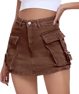Women's Cargo Skort High Waisted Cargo Shorts Button Bodycon Mini Y2K Denim Cargo Skirt Shorts with Pocket