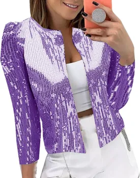 Womens Casual Open Front Sequin Jackets Cardigan Glitter Long Sleeve Shawl Collar Short Sport Coats Cropped Blazer Jackets