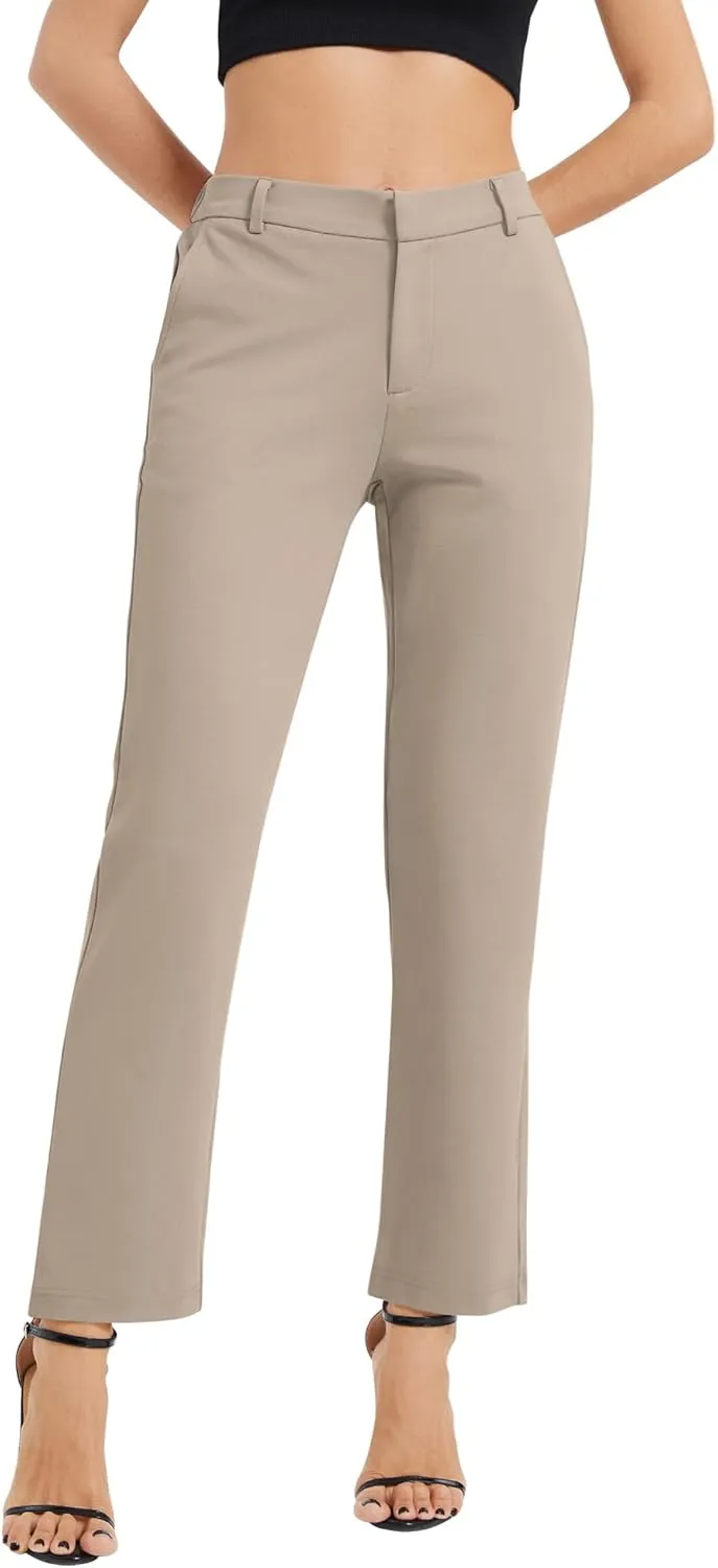 Women's Elastic Waisted Pants Business Work Casual Straight Leg Slacks with Pockets