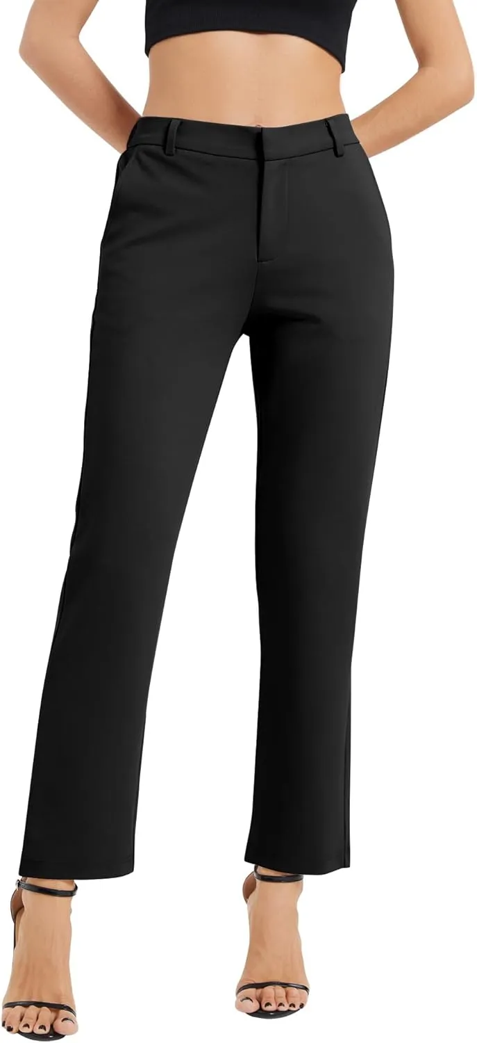 Women's Elastic Waisted Pants Business Work Casual Straight Leg Slacks with Pockets
