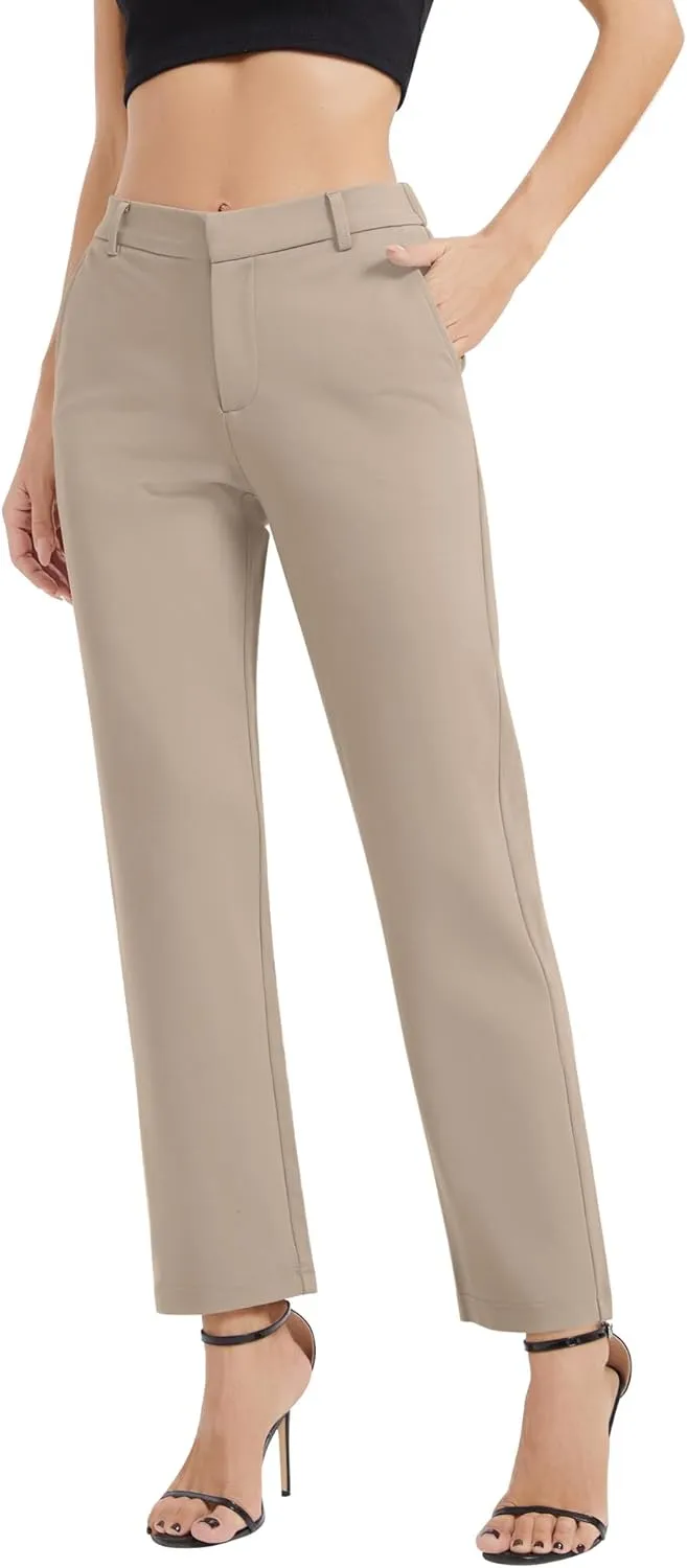 Women's Elastic Waisted Pants Business Work Casual Straight Leg Slacks with Pockets