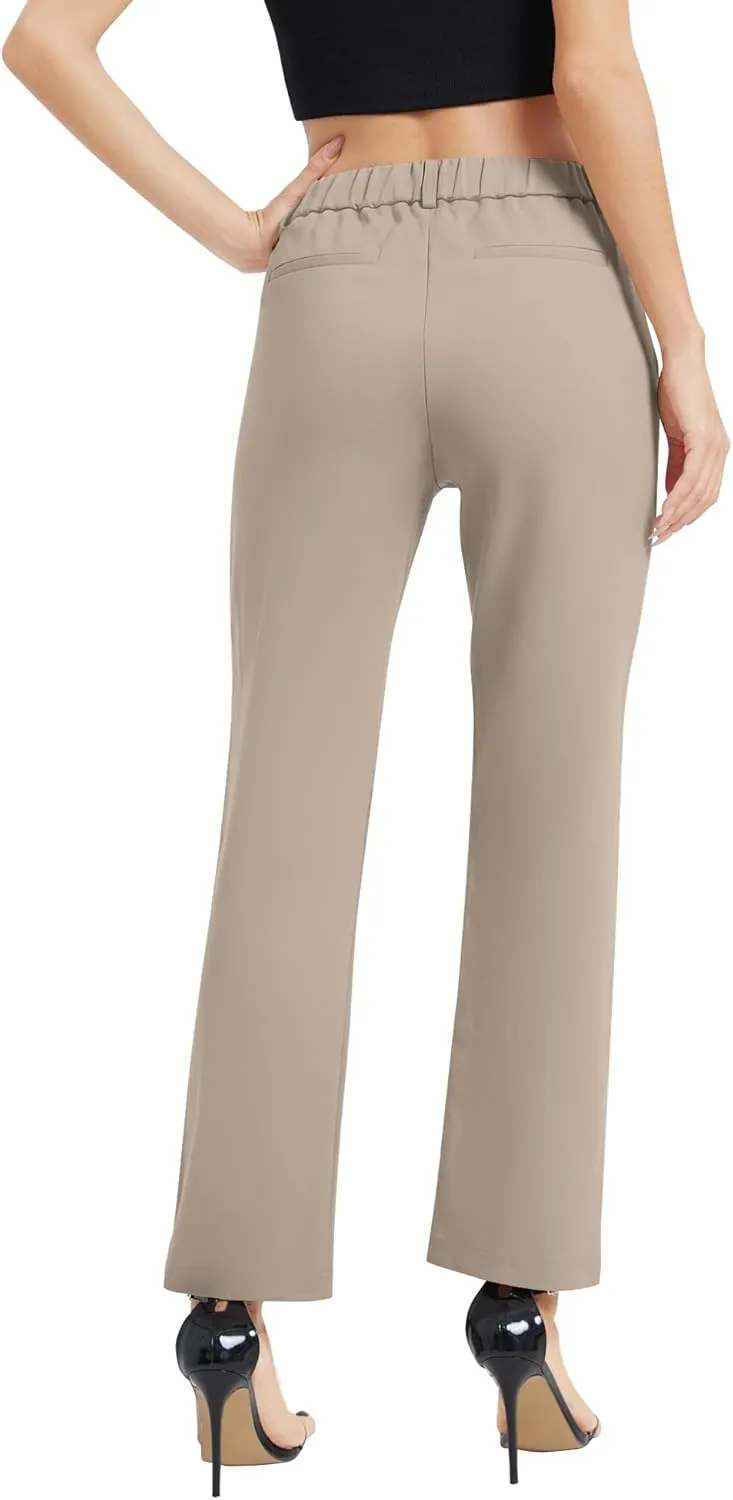 Women's Elastic Waisted Pants Business Work Casual Straight Leg Slacks with Pockets