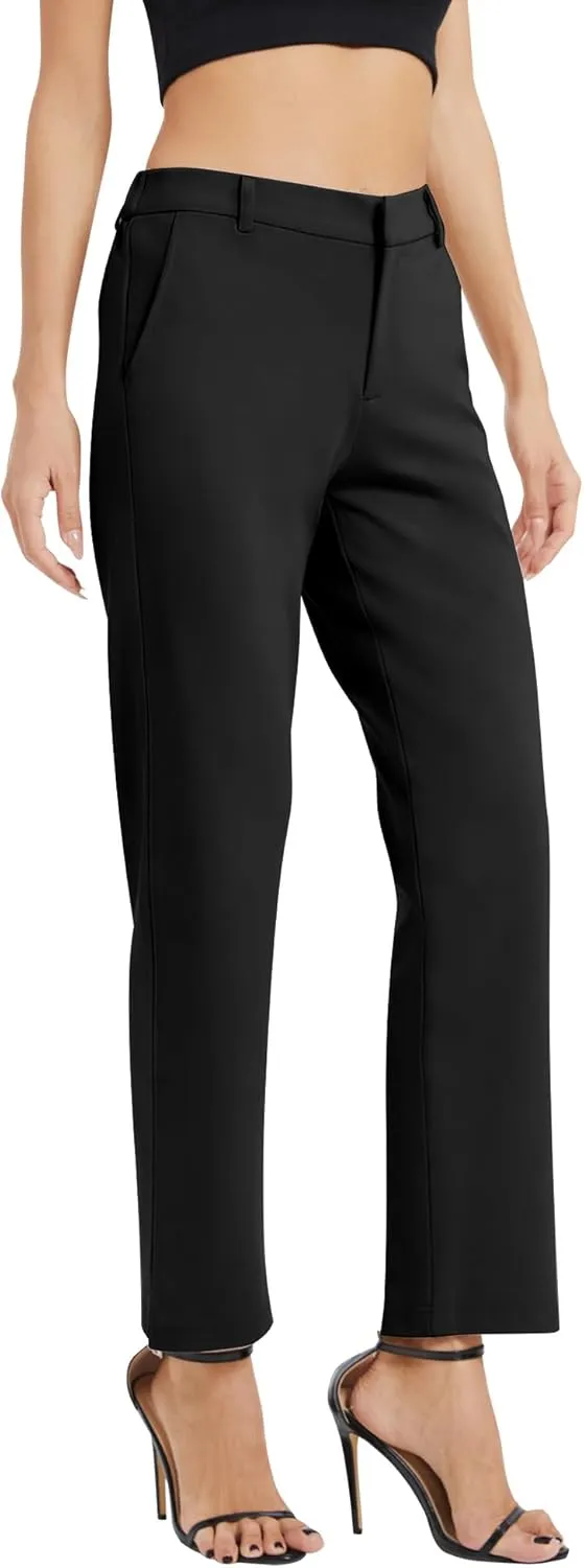Women's Elastic Waisted Pants Business Work Casual Straight Leg Slacks with Pockets