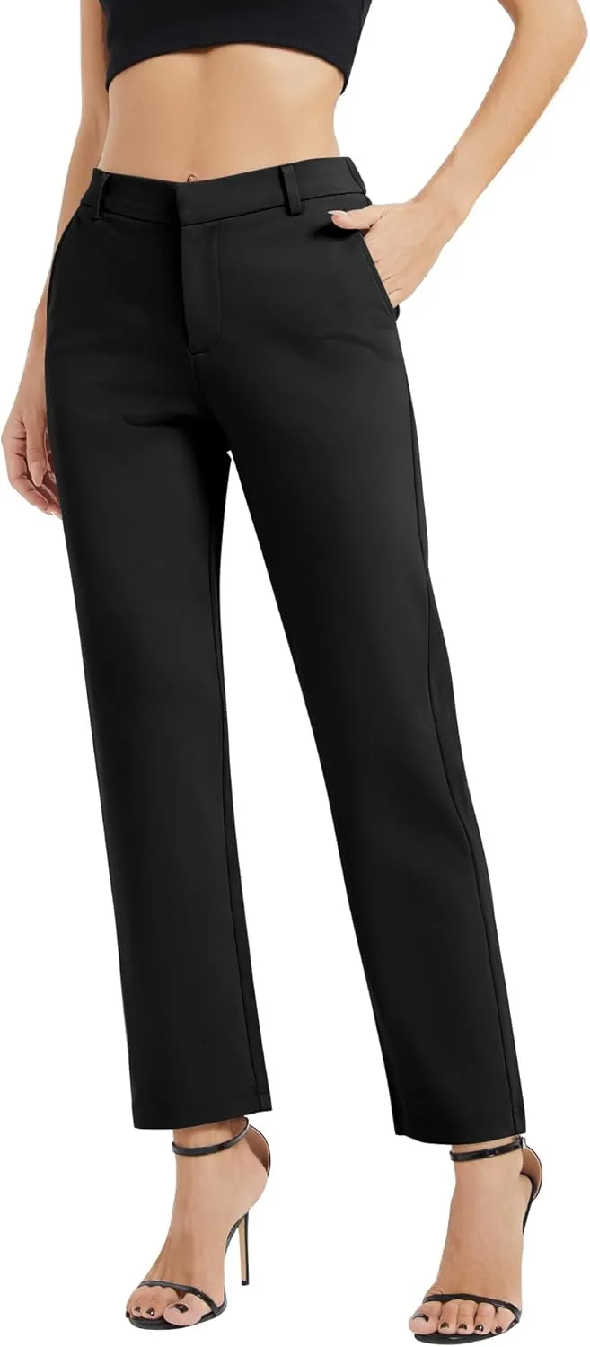 Women's Elastic Waisted Pants Business Work Casual Straight Leg Slacks with Pockets