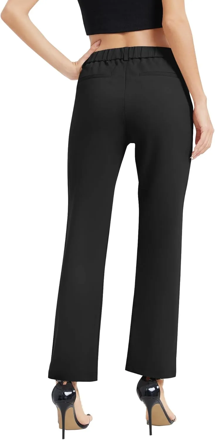 Women's Elastic Waisted Pants Business Work Casual Straight Leg Slacks with Pockets