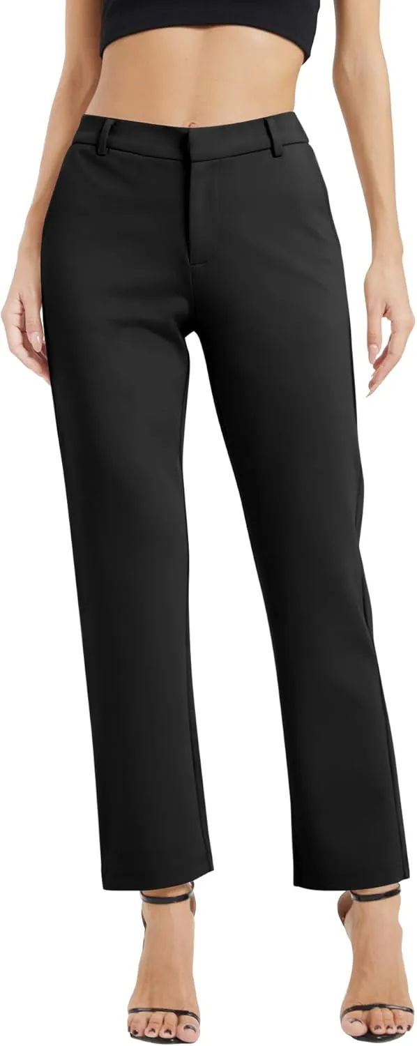 Women's Elastic Waisted Pants Business Work Casual Straight Leg Slacks with Pockets