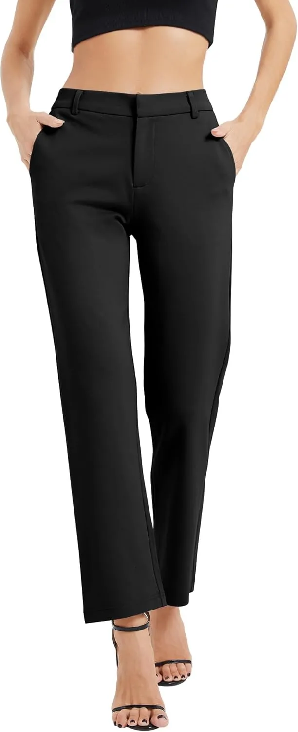 Women's Elastic Waisted Pants Business Work Casual Straight Leg Slacks with Pockets