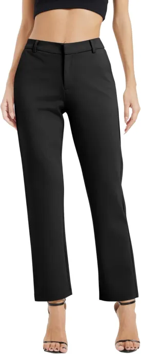 Women's Elastic Waisted Pants Business Work Casual Straight Leg Slacks with Pockets