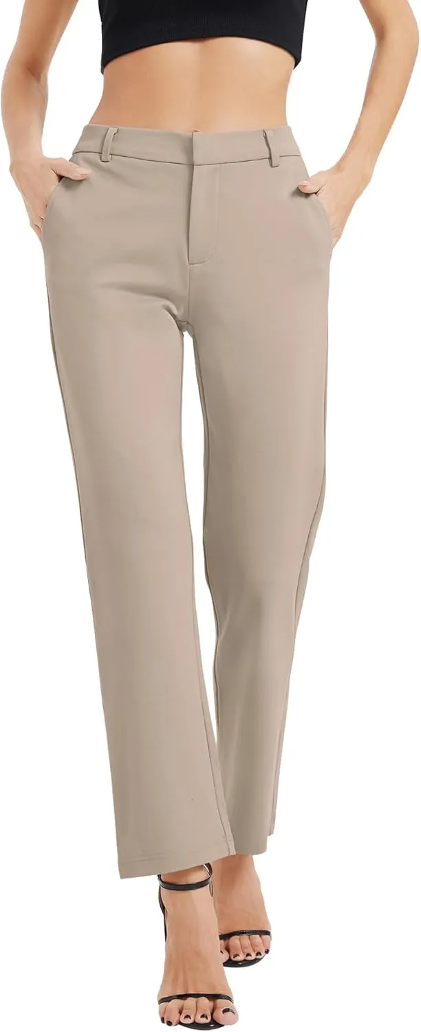 Women's Elastic Waisted Pants Business Work Casual Straight Leg Slacks with Pockets