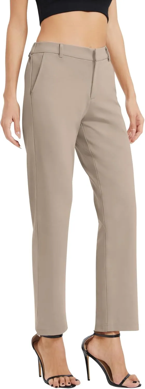 Women's Elastic Waisted Pants Business Work Casual Straight Leg Slacks with Pockets
