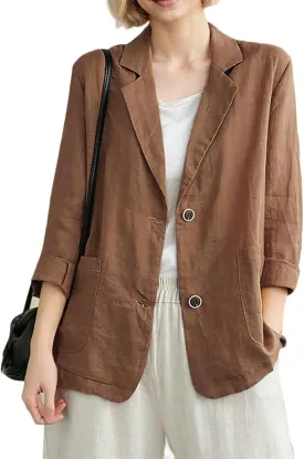 Womens Linen Blazer 3/4 Sleeve Notch Lapel Summer Casual Blazers Jackets with Pockets