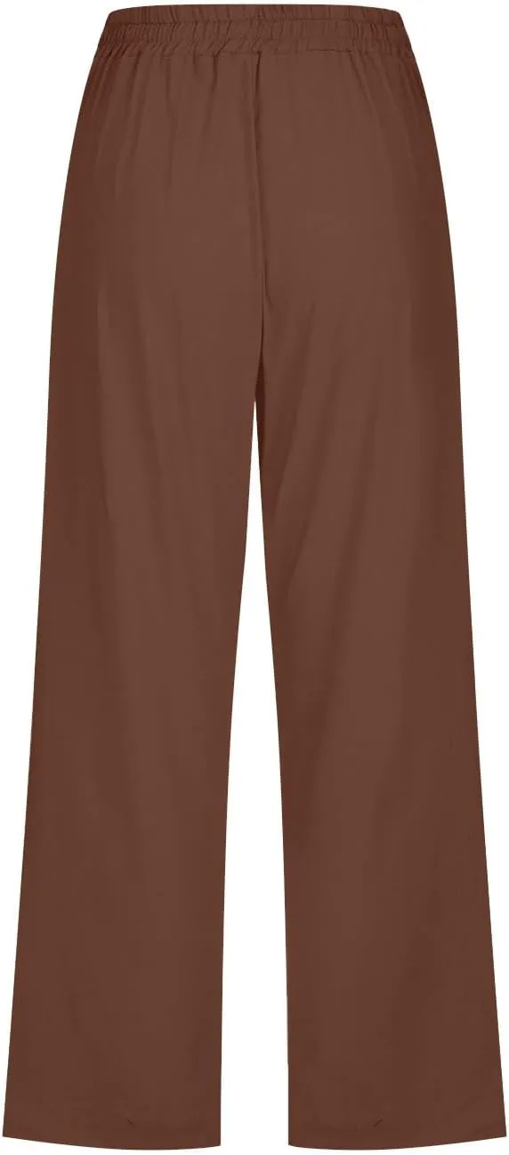 Women's Linen Pants Casual Summer Capris Loose Fit Lightweight Drawstring Waisted Cropped Pants with Pockets