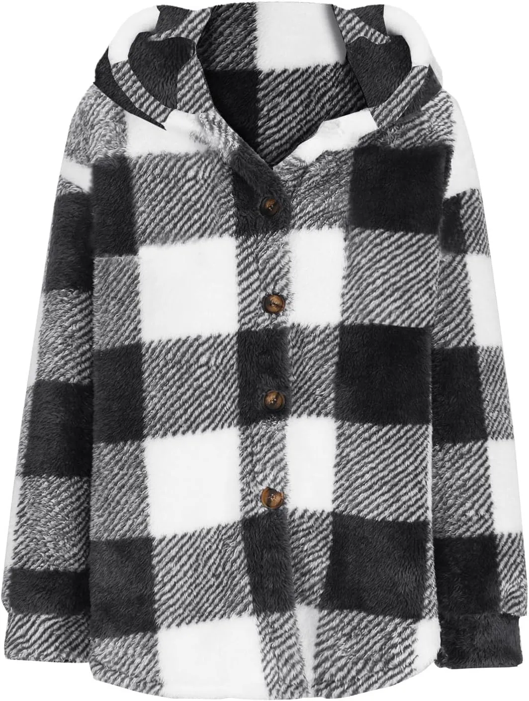 Womens Plaid Shacket Fleece Sherpa Lined Jackets Hooded Long Sleeve Fuzzy Button Down Cardigan Trendy Winter Coats