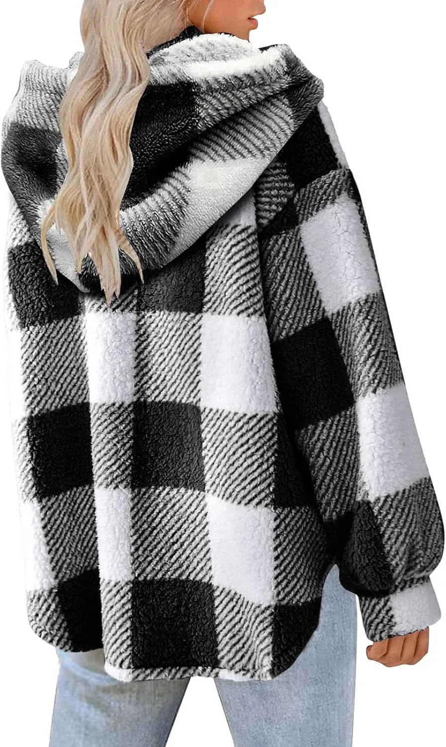 Womens Plaid Shacket Fleece Sherpa Lined Jackets Hooded Long Sleeve Fuzzy Button Down Cardigan Trendy Winter Coats