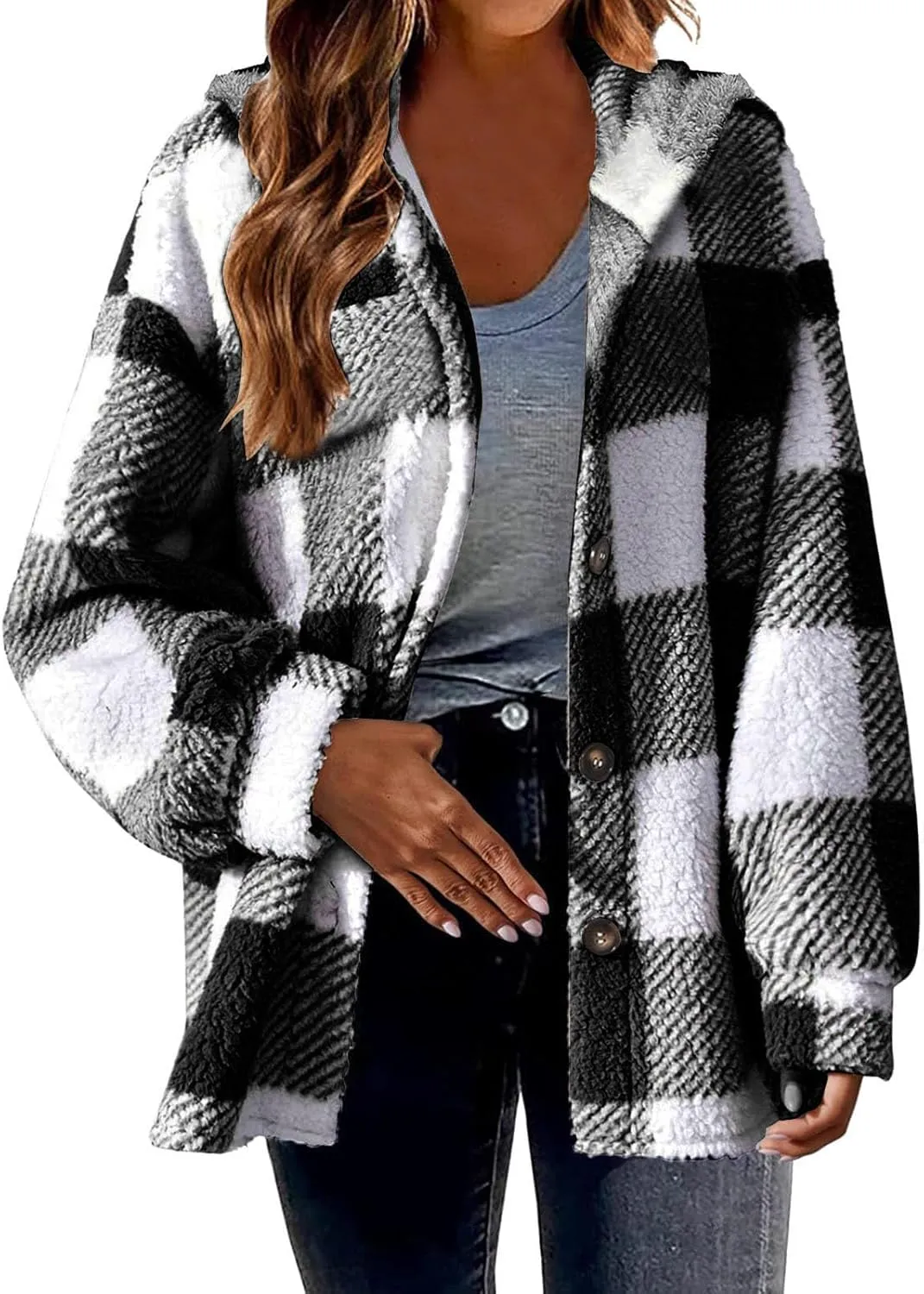 Womens Plaid Shacket Fleece Sherpa Lined Jackets Hooded Long Sleeve Fuzzy Button Down Cardigan Trendy Winter Coats