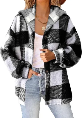 Womens Plaid Shacket Fleece Sherpa Lined Jackets Hooded Long Sleeve Fuzzy Button Down Cardigan Trendy Winter Coats