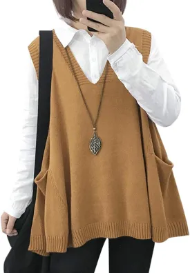 YESNO Sweater Vest Women Loose Swing Cotton Cute Oversized Knit Pullover Sleeveless Sweater Tops with Drop Pockets WM9